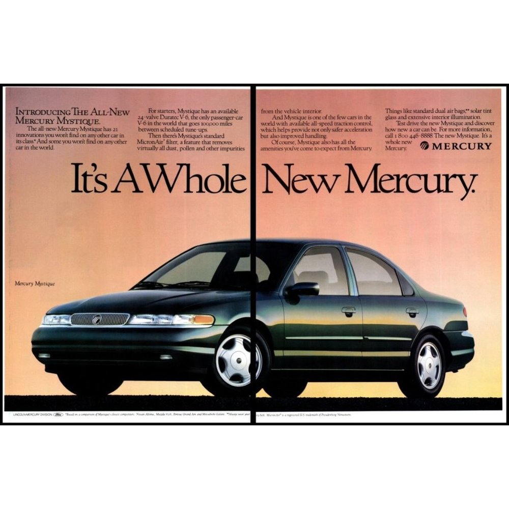 1995 Mercury Mystique Sedan 2 Page Vintage Print Ad Sunset Sky Wall Art Photo